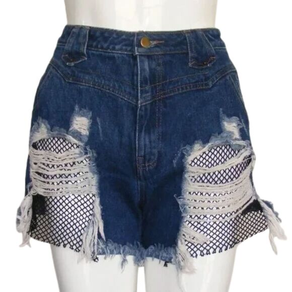 Nude Label Denim Shorts, L, Blue cut-offs, Fish net inserts, Distressed, Frayed - Picture 1 of 15